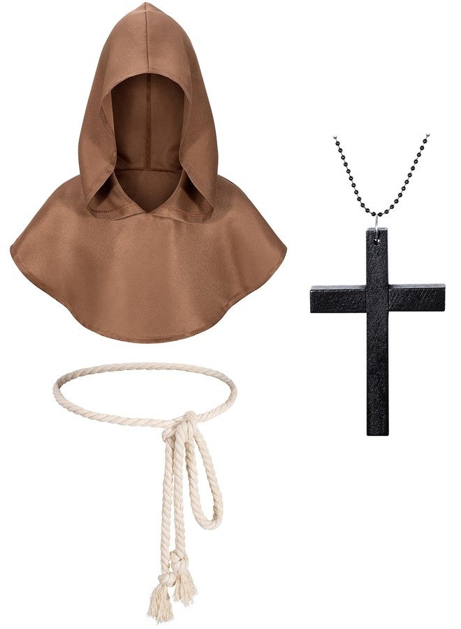 Irtysh Kids Medieval Renaissance Monk Costume Priest Friar Wizard Cloak Hooded Robe Cosplay Costume Belt Necklace Set(BW 150) - Image 5